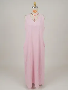 Pink sleeveless cotton linen maxi dress with V-neck and side pockets for casual wear