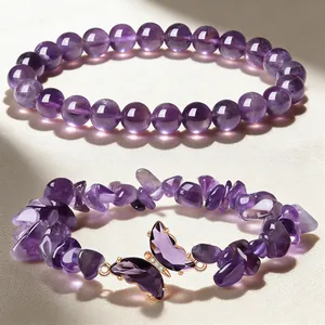 Elegant natural amethyst beaded bracelet set featuring butterfly charm and chip stones