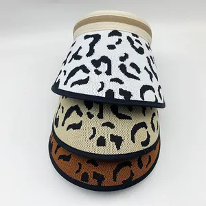 Women's leopard print knit sun visor hats in white, beige and brown for summer beach