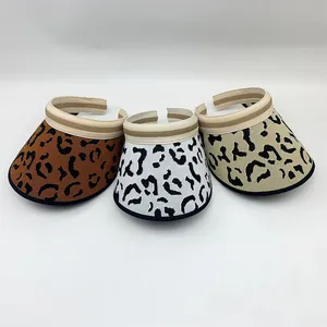 Leopard print knitted sun visors for women in brown white and beige beach hats