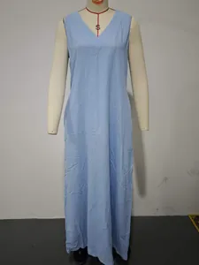 Full-length view of a casual blue sleeveless cotton linen maxi dress on a mannequin.