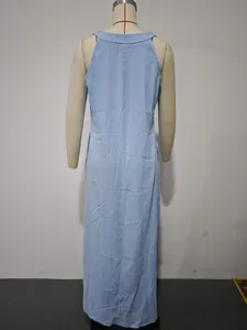 A detailed back view of a casual light blue sleeveless cotton linen maxi dress