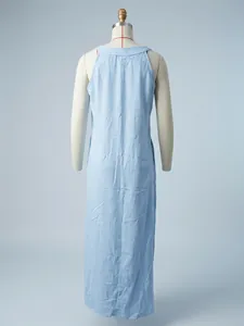 A detailed back view of a casual light blue sleeveless cotton linen maxi dress