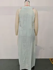 Back view of a casual light green sleeveless cotton linen maxi dress for women.
