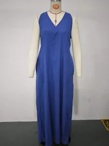 Front view of a royal blue sleeveless V-neck cotton linen maxi dress on mannequin