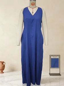 Front view of a royal blue sleeveless V-neck cotton linen maxi dress on mannequin