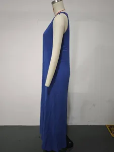 Side view of women's casual blue sleeveless cotton linen maxi dress with pockets