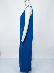 Side view of women's casual blue sleeveless cotton linen maxi dress with pockets