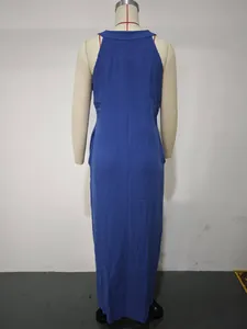 Detailed back view of a loose blue sleeveless cotton linen maxi dress with pockets