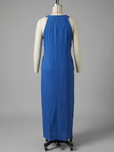Detailed back view of a loose blue sleeveless cotton linen maxi dress with pockets