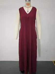 Burgundy sleeveless V-neck maxi dress in cotton linen with side pockets for women