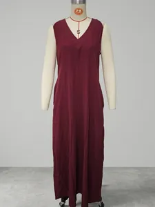 Burgundy sleeveless V-neck maxi dress in cotton linen with side pockets for women