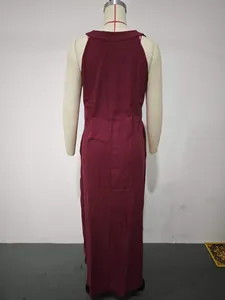 Back view showing texture of a burgundy sleeveless cotton linen maxi dress for women