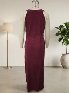 Back view showing texture of a burgundy sleeveless cotton linen maxi dress for women