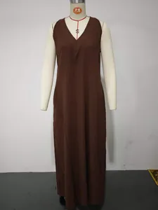 Casual brown sleeveless cotton linen maxi dress with pockets for women, loose fit