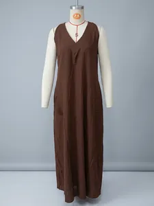 Casual brown sleeveless cotton linen maxi dress with pockets for women, loose fit