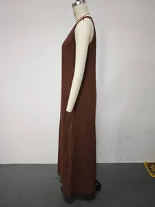 Side view of a casual brown sleeveless cotton linen maxi dress shown on a white mannequin