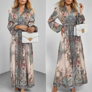 Front and side view of an elegant V-neck floral print long sleeve maxi dress