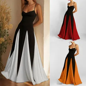 Elegant V-neck sleeveless long dress with color-block pleated skirt details