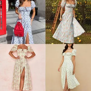Collage of elegant floral puff sleeve dresses with front slits in various patterns.