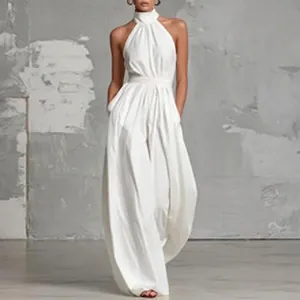 Detailed view of an elegant white halter neck wide-leg jumpsuit for a chic look