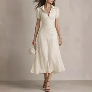 Elegant white V-neck pleated midi dress with short sleeves and waist gathering detail