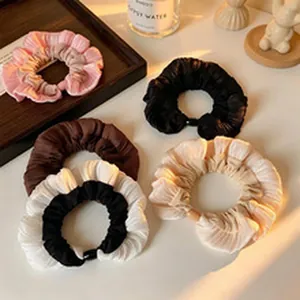 Variety set of five pleated ruffle hair scrunchies in assorted aesthetic colors