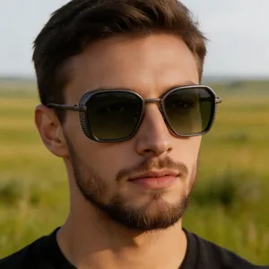 Close-up of men's retro punk square sunglasses with metal mesh detailing on model