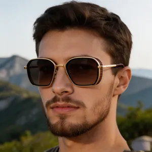 Close-up detail of vintage punk square frame sunglasses on a male model outdoors