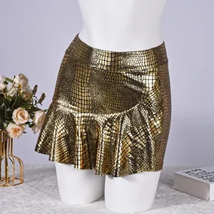 High-shine gold metallic crocodile-embossed mini skirt with elegant ruffled hem