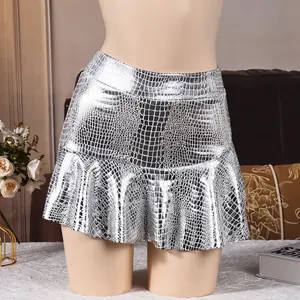 Detail view of silver metallic faux leather ruffled mini skirt with crocodile texture