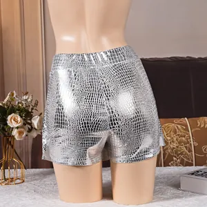 Detailed back view of silver metallic crocodile pattern faux leather skort pants