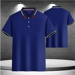 Vue avant et arrière du polo bleu marine pour homme avec col et poignets rayés