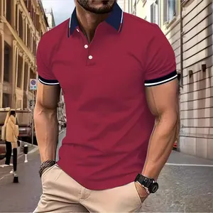 Classic men's short-sleeved maroon polo shirt with navy blue contrast collar