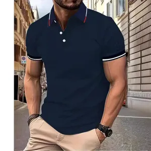 Classic navy blue men's short sleeve polo shirt featuring striped collar and sleeve cuffs