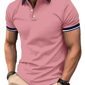 Professional pink men's short sleeve polo shirt featuring navy contrast collar and cuffs