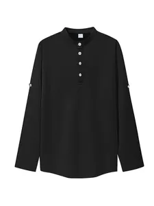 Black waffle knit men's long sleeve henley shirt with stand collar and buttons