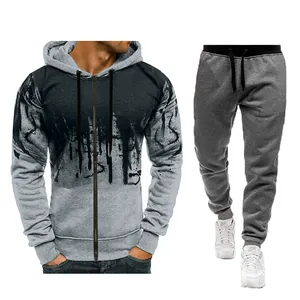 Men's grey leisure tracksuit with black ink splatter print zip hoodie and joggers set