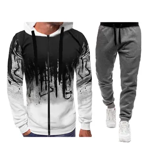 Men's casual ink splatter printed tracksuit set with zip-up hoodie and joggers for autumn