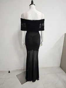 Detailed back view of sexy black off-shoulder mesh ruched bodycon maxi dress for women
