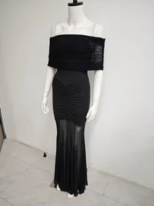 Full-length detail of a black off-shoulder ruched mesh splicing bodycon maxi dress