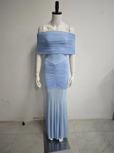 Close-up detail of the light blue off-shoulder pleated mesh mermaid bodycon maxi dress