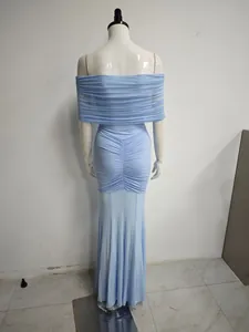 Light blue mesh off-the-shoulder ruched mermaid maxi dress shown from the back view.