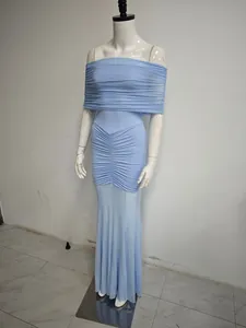 Elegant light blue off-shoulder mesh patchwork maxi dress with refined pleated details.
