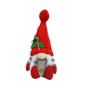 Handcrafted Christmas gnome doll with red knitted hat and white braids plush ornament