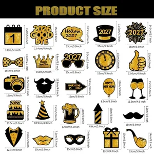 Glittery 2027 New Year party photo booth props set shown with detailed size labels
