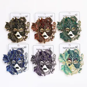 A detailed display of six colorful enamel carnival mask brooches on white cards