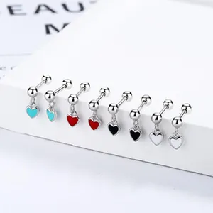 Minimalist S925 sterling silver screw back stud earrings with colorful heart charms