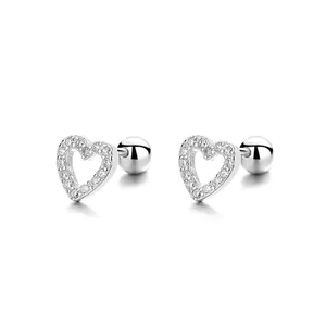 Elegant 925 sterling silver hollow heart screw back stud earrings with zircons