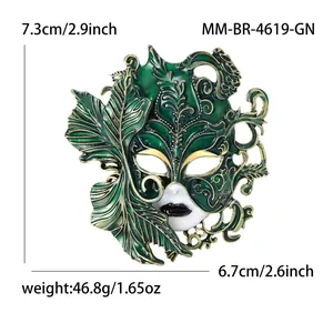 Green enamel Venetian mask brooch with leaf design and dimensions, 46.8g